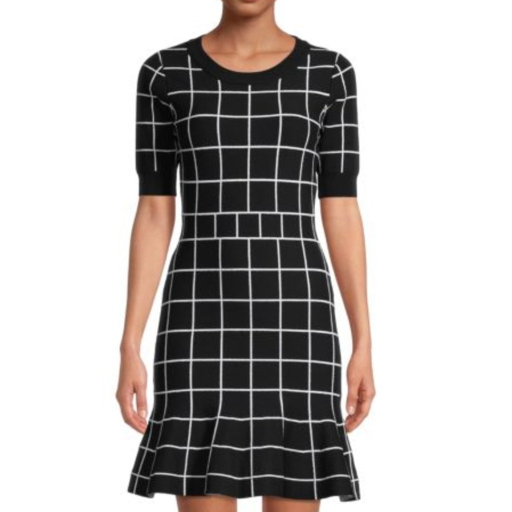 MILLY Black & White Windowpane Knit A-Line Dress – Open Back – Size M - Picture 2 of 16
